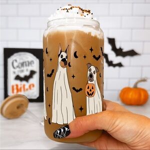 NWT! | Halloween Ghost Dogs Frosted Glass Tumbler Can Cup w/ Lid and Straw 16 oz